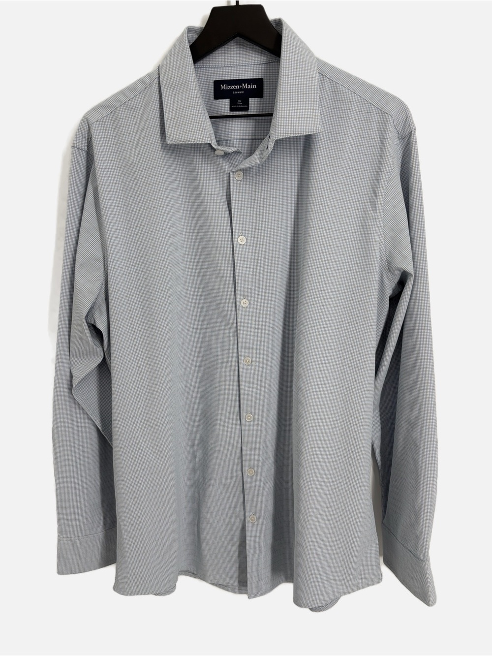 Mizzen+Main Leeward Performance Dress Shirt Blue Gray Mini Plaid XL Trim Stretch